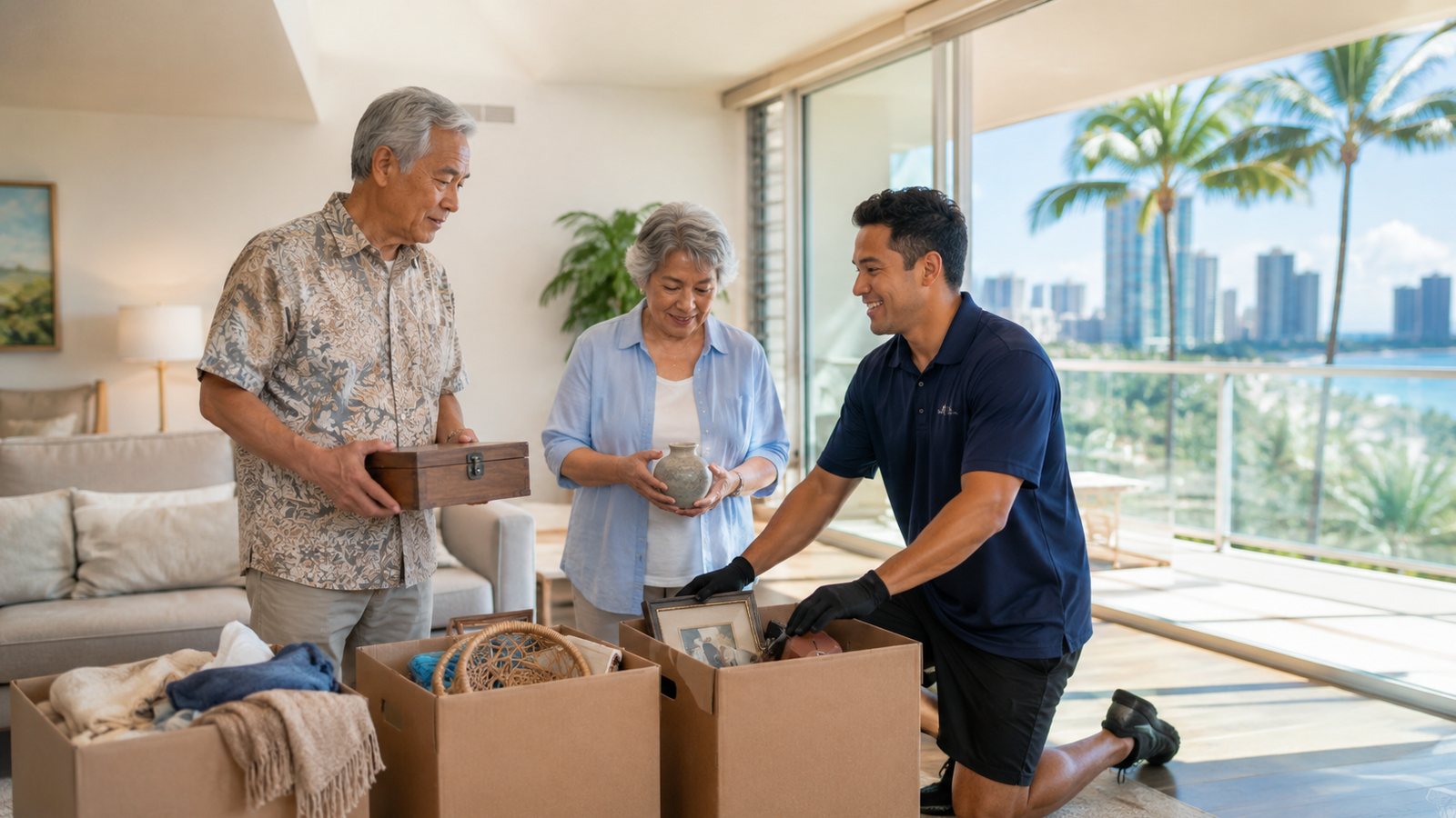 AI-generated representative senior downsizing and family sorting scene